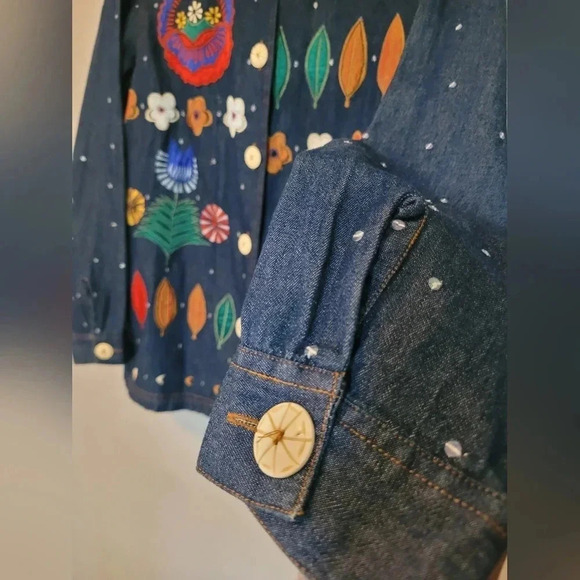 Embroidered sequins colorful blue jean denim shirt jacket shacket M Boho Artsy - Picture 4 of 9